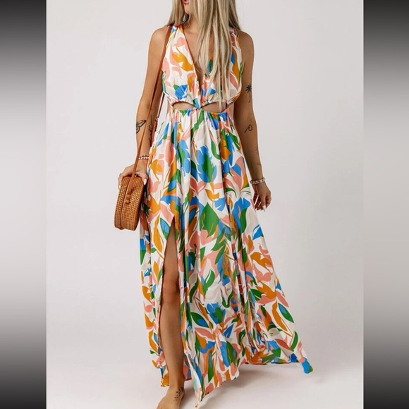 Boho cutout slit thigh backless maxi dress - Picture 1 of 5